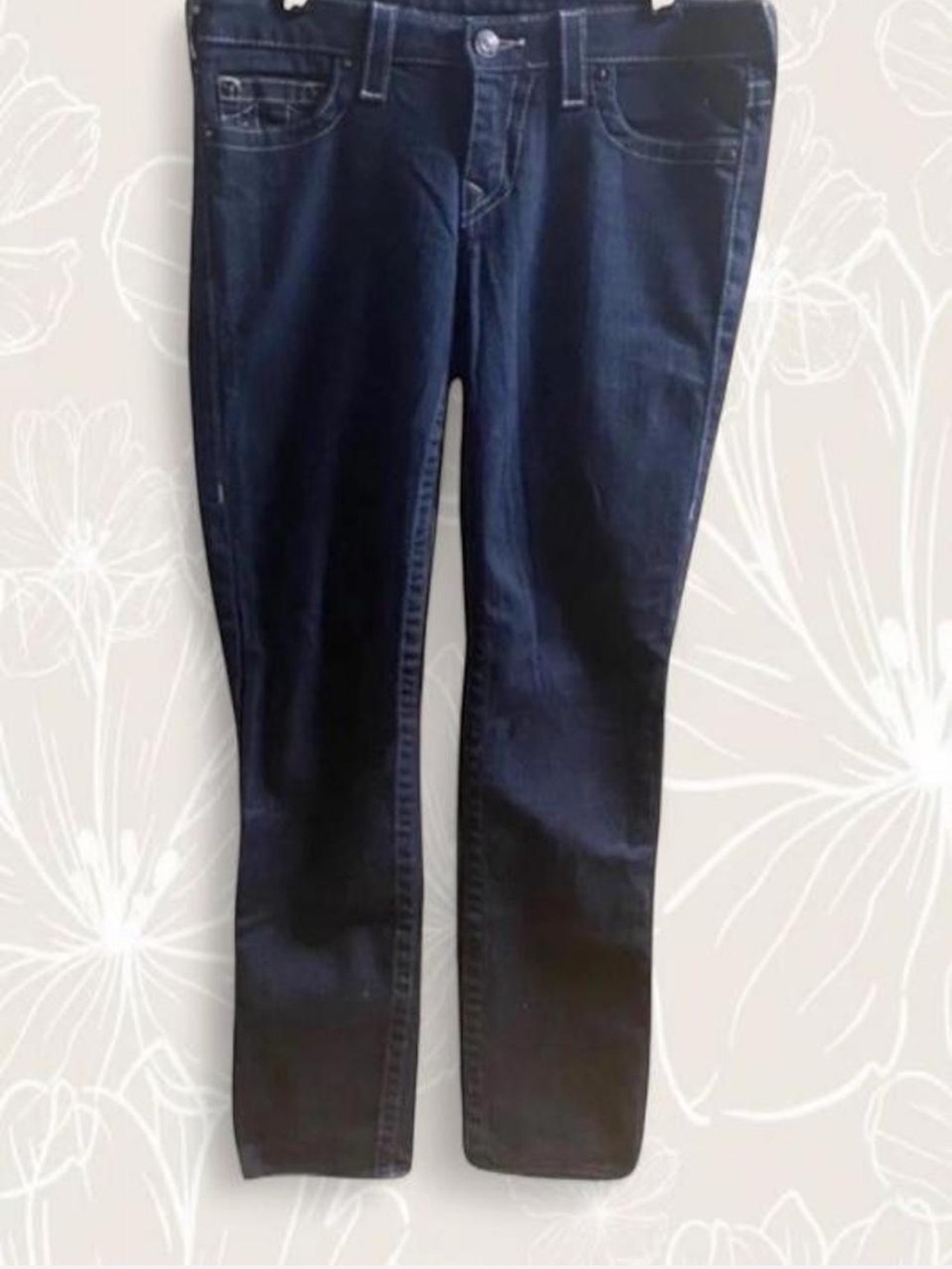 TRUE RELIGION Stella Low Rise
Dark Wash Silver Horseshoe Pocket Skinny Jeans 30